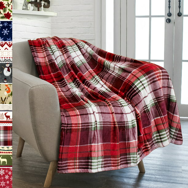 Plaid Printed Plush Sherpa Throw Blanket Holiday 60x50" White/Red/Green Checks